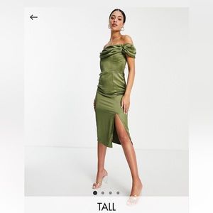First Distraction the label Tall satin midi dress with split in olive. Size UK 8